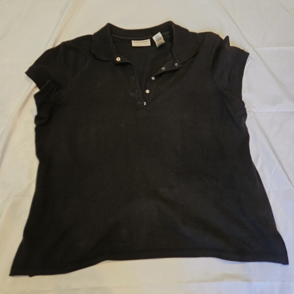 Villager Women's Short Sleeve Black Button Neck XL  Top